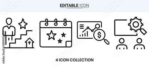 A collection of four linear icons representing career growth planning finance and teamwork