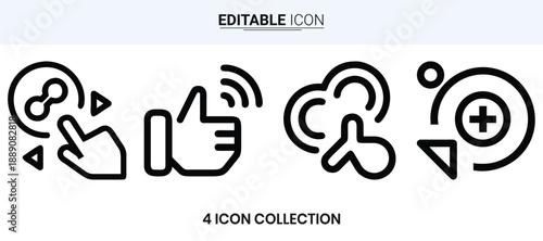 Four black line icons depicting communication interaction and digital connectivity concepts high quality