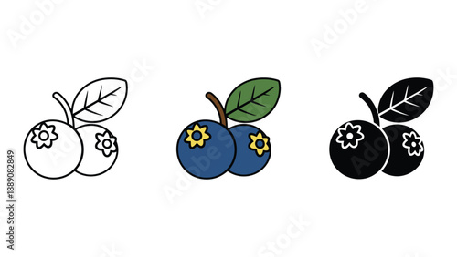 Three different colored blueberry icons with leaves and flowers on a white background