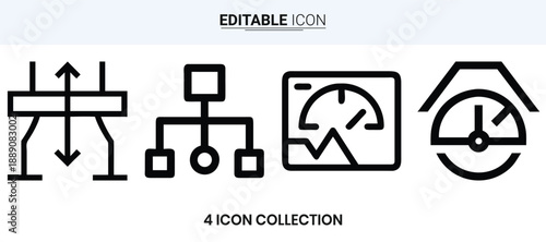 Four minimalist line icons depicting various industrial and household symbols high quality professional