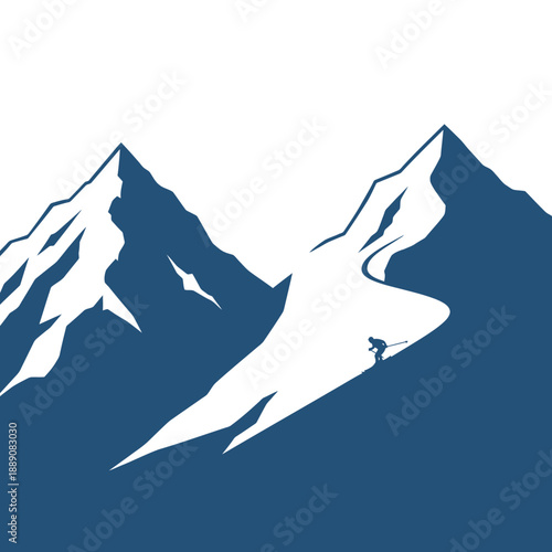 Skier navigating steep mountain slope with snow and rugged peaks