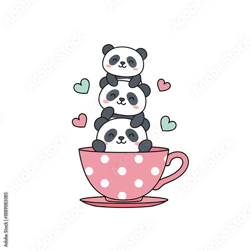 Adorable pandas stacked in a pink polka dot teacup with hearts
