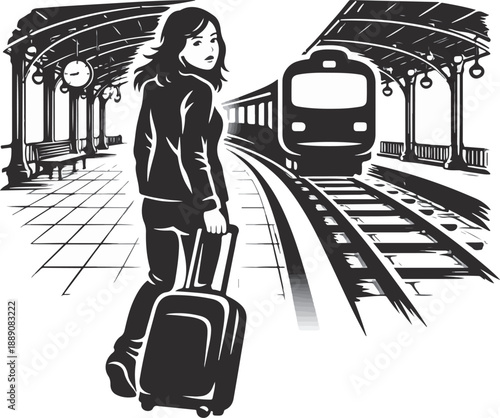 Black and White Vector Silhouette of a Woman Waiting for Train and Looking Back Emotionally