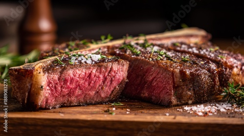 porterhouse. Perfectly sliced dry aged porterhouse steak with herbs on rustic wood, showcasing gourmet presentation. menu design.
