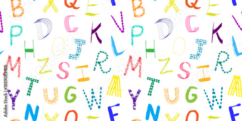 Seamless pattern with colorful letters. Background hand drawn alphabet. Funny doodle letters. Vector illustration on transparent background.