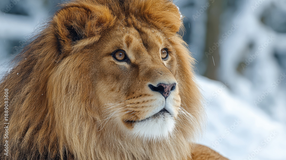 Naklejka premium Majestic Lion in Snowy Landscape