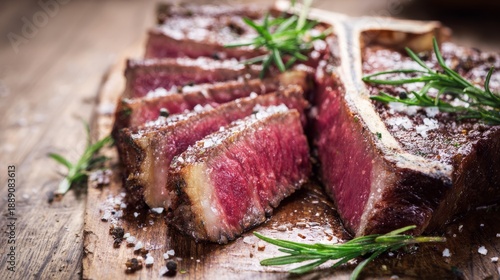 porterhouse. Perfectly sliced dry aged porterhouse steak with herbs on rustic wood, showcasing gourmet presentation. menu design.
