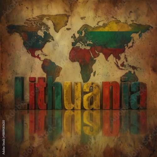 Wallpaper Mural lithuania map with colorful text reflecting national flag colors on textured background. Torontodigital.ca