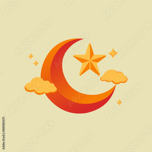Ramadan Crescent Moon with Star Islamic Illustration