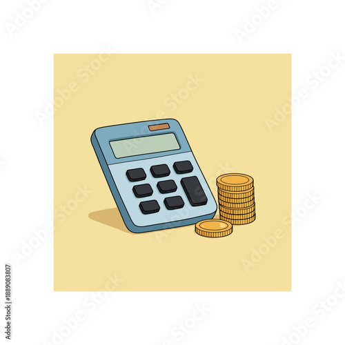 A simple illustration of a calculator and a stack of coins, representing financial calculations and savings.