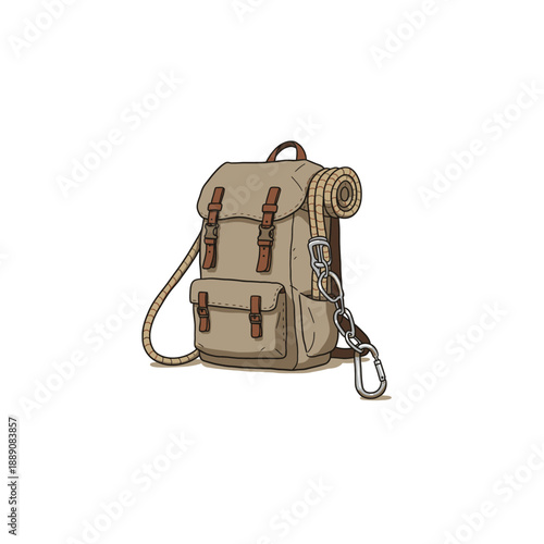 A vintage-style canvas backpack with leather accents, featuring a rolled-up sleeping bag and carabiners attached.