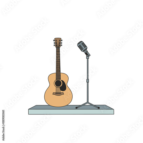 An acoustic guitar and a vintage microphone stand on a light blue stage, ready for a performance.