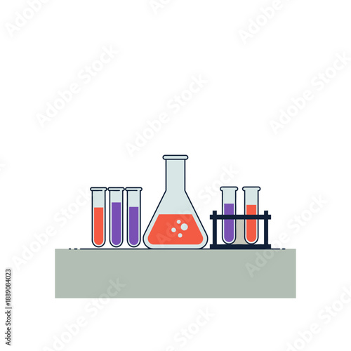 A collection of laboratory glassware including beakers and test tubes filled with colorful liquids on a shelf.
