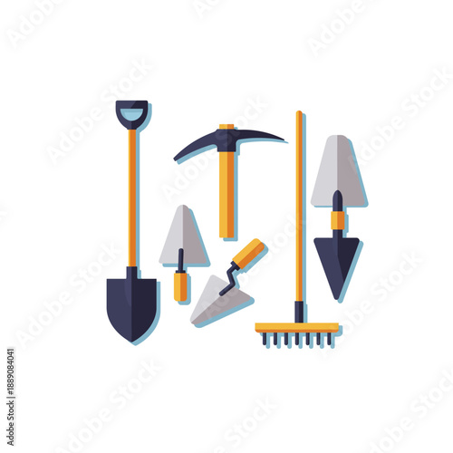 A collection of construction and gardening tools including a shovel, pickaxe, trowels, and a rake, presented in a flat design style.