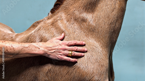Mano femenina con anillo de oro tocando el pelaje de un caballo, Campaña de joyería minimalista con estética natural y animal, Mockup para marca de lujo con enfoque en la naturaleza y los animales