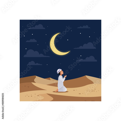 A young boy in traditional attire prays under a crescent moon in a desert landscape.