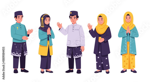 Cartoon Illustration of Friendly Malay People in Traditional Attire Performing Greetings and Waves