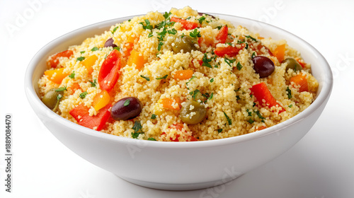 fluffy couscous with vegetables in a bowl on white background