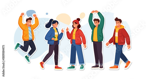 Diverse Group of Happy Young People in Casual Attire with Speech Bubbles, Depicting Communication and Interaction