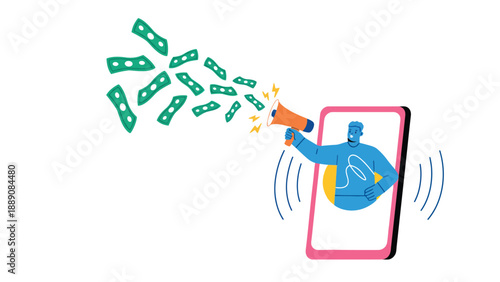 A cartoon man using a megaphone on a smartphone to attract money