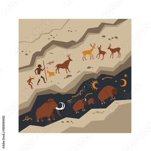 Prehistoric cave painting style illustration depicting ancient human hunters, deer, and woolly mammoths in a layered landscape.