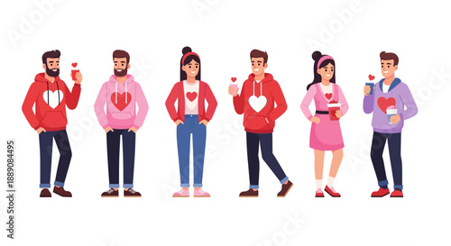 Diverse Group of Young People Wearing Heart themed Casual Clothing, Celebrating Love and Affection