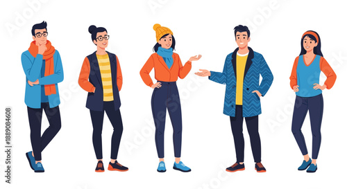 Diverse Group of Five Young Adults in Colorful Casual and Warm Clothing, Standing with Friendly Smiles