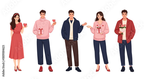 Diverse Group of People Exchanging Gifts and Hearts, Celebrating Love and Friendship