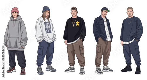 Diverse Group of Five Young Adults Showcasing Casual Streetwear Fashion and Urban Style on a White Background