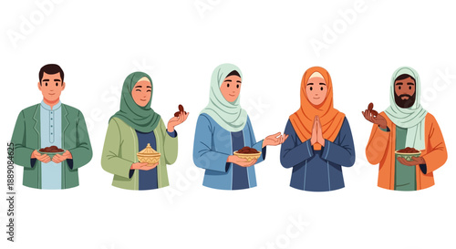 Diverse Group of Muslim People Celebrating and Sharing Dates During Ramadan or Eid Holiday