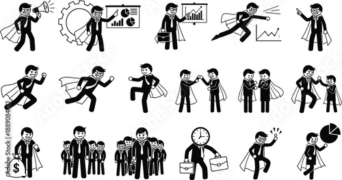 Business Character Icon Set Showing Leadership, Success, Teamwork, and Growth Concepts