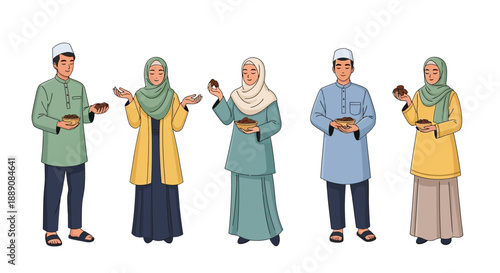 Diverse Group of Muslim Men and Women in Traditional Attire Holding Dates for Iftar or Eid Celebration
