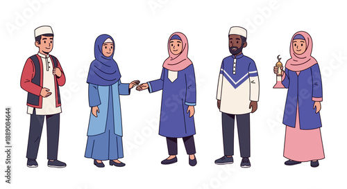 Diverse Group of Muslim People Celebrating Ramadan with Traditional Attire and Greetings