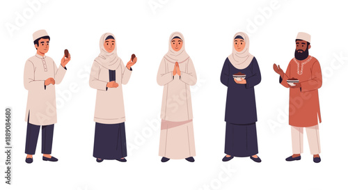 Diverse Muslim Individuals Celebrating with Dates During Ramadan or Eid, Dressed in Traditional Attire