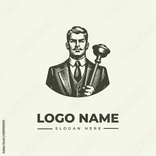 A vintage-style illustration of a well-dressed man holding a plunger, with a logo name and slogan on a clean white background.