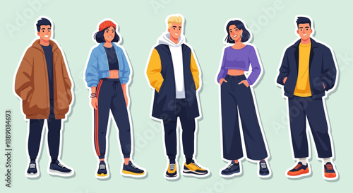 Fashionable Young People Displaying Diverse Modern Streetwear Styles in Cartoon Sticker Illustration