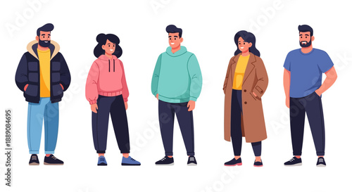 Group of Diverse Young People Standing Casually in Various Outfits, Depicted in a Flat Cartoon Illustration Style