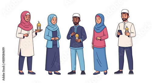 Group of Diverse Muslim Men and Women in Traditional Clothing Celebrating a Religious Holiday with Lanterns and a Smartphone
