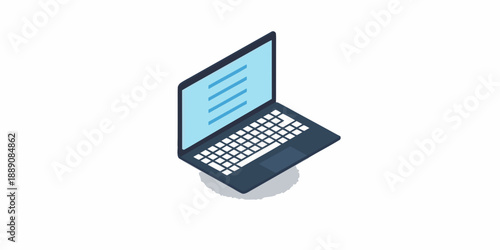 Isometric illustration of a dark blue laptop with a light blue screen