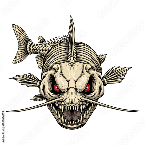 Skeleton catfish with red eyes and sharp teeth on white background for tattoo or mascot design