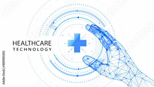 Digital healthcare technology concept with a hand interacting with a glowing interface