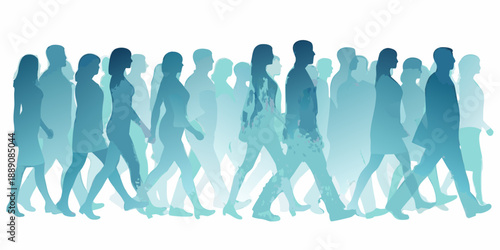 A crowd of people walking depicted as translucent blue silhouettes