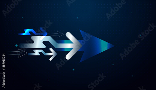 Layered arrow shapes express innovation driving steady increase and progress. Digital arrows upward concepts composed of hexagonal pixels, points upward