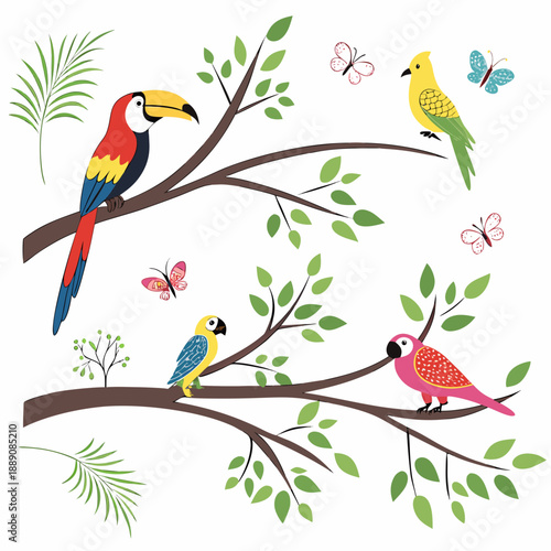Colorful birds perched on tree branches