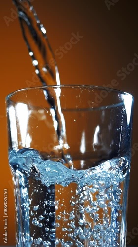 Water crisis awareness: vertical shot of water filling a glass. Essential for environmental and humanitarian content.