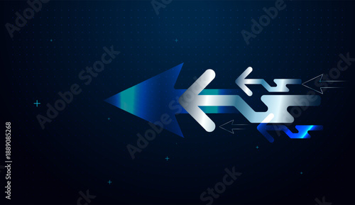 Pointing back of dynamic arrow design highlights movement and a focused future direction. A glowing arrow moves backward, representing positive direction