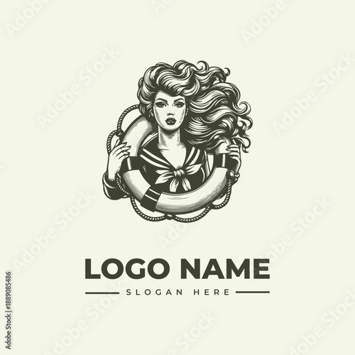 Vintage-style illustration of a woman with long hair holding a life preserver, logo design with text placeholder on a clean background.