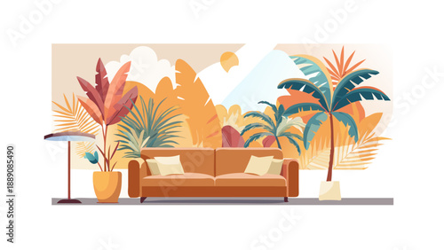 Tropical living room with sofa and plants