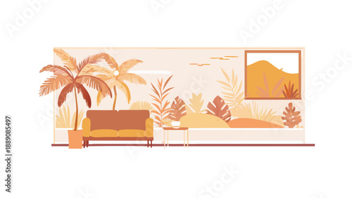 Tropical living room with palm trees and sofa