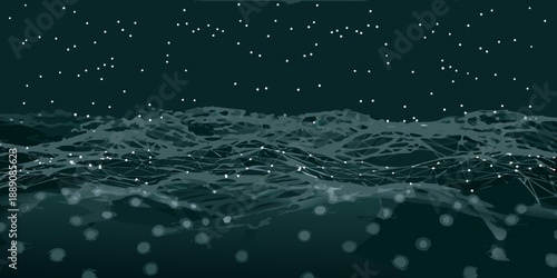 Abstract dark teal landscape composed of connected lines and dots